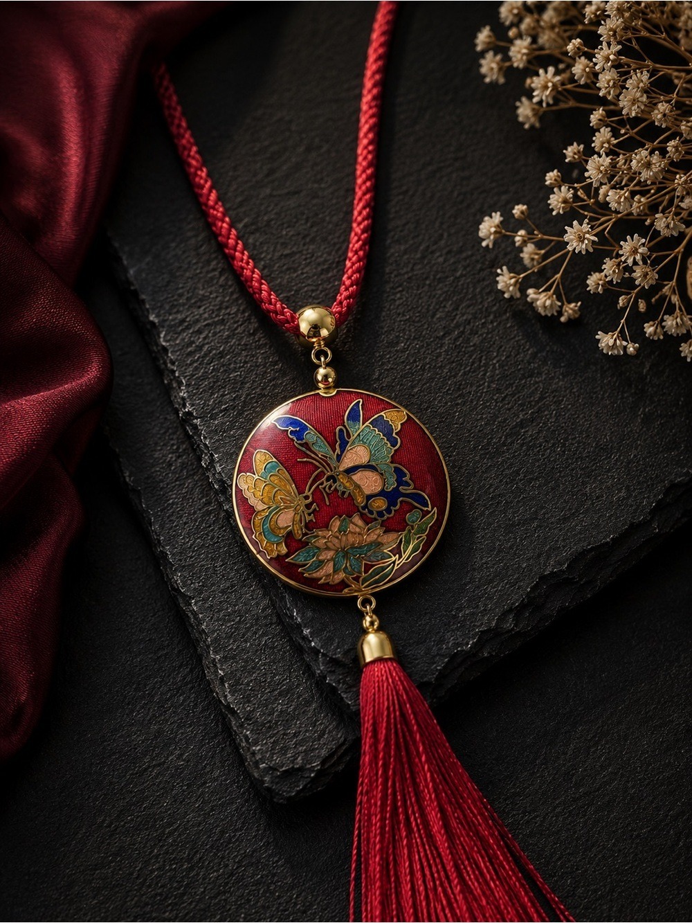 Vintage Red Asian Cloisonné Butterfly 🦋 Pendant Necklace • Tassel on Red Cord